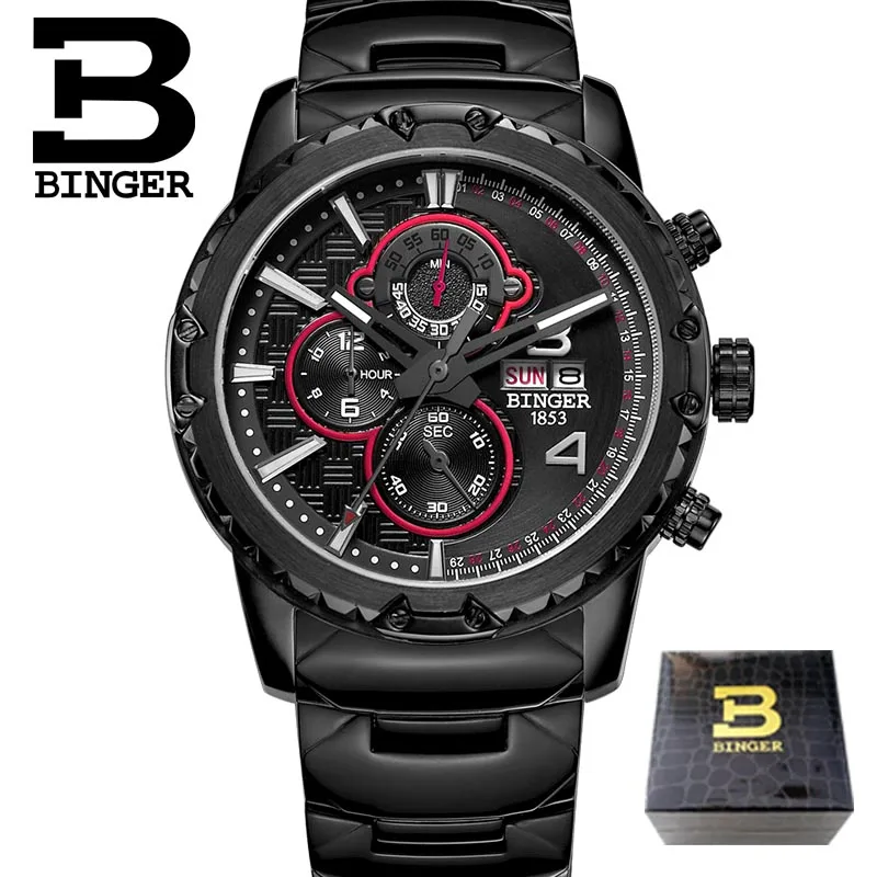 Watches Men Luxury Original Brand BINGER Sport Watches Men Fashion wristwatch Chronograph waterproof Male leather Quartz watch - Цвет: 03