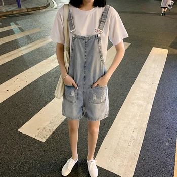 

2019 new summer easing show thin light female student leisure wide-legged overalls denim shorts jumpsuits