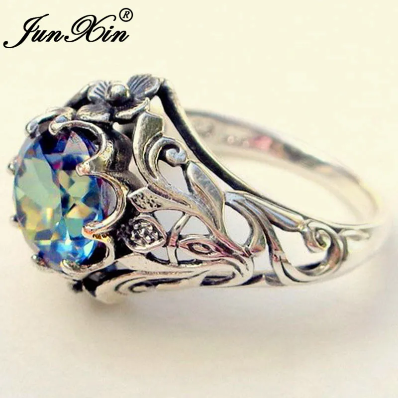 JUNXIN Antique Silver Rainbow Birthstone Rings For Men Women Big Round Zircon Wedding Bands Male Female Flower Charm Ring Gifts
