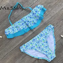 От 7 до 14 лет, купальный костюм с принтом для девочек-подростков, бикини для девочек, Falbala, детская одежда для плавания из двух предметов, топ с бретельками, купальная одежда для больших девочек синего цвета