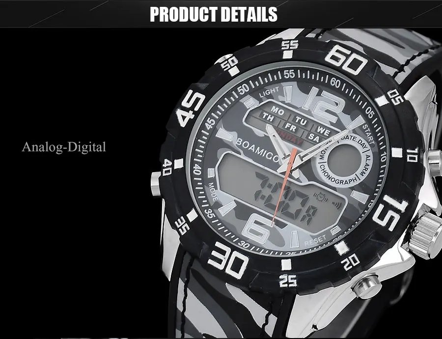 BOAMIGO Brand Men Watches Multiple Time Zone Sport Watch Rubber Band Gray Digital Analog LED Wristwatch Waterproof Reloj Hombre (21)