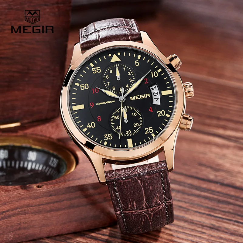 

MEGIR 2021G fashion Black leather Black Dial stop watch for man casual quartz watches men calendar wrist watches for males