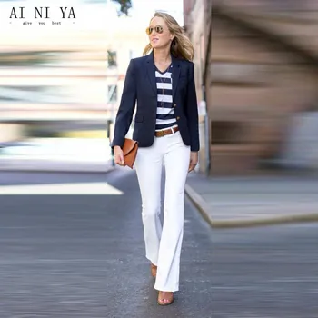 

Navy Jacket White Pants Womens Business Suits Female Office Uniform Elegant 2 Piece Sets Blazer Ladies Winter Formal Suits Work