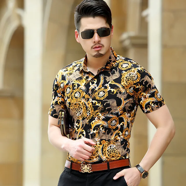 Luxury Brand Silk Leopard Print Shirts Men's Fashion Short Sleeve ...