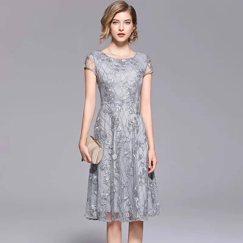 Summer Lace Mesh Embroidery Dress Chiffon Women O-Neck Short Sleeves A-Line Silver Vintage Long Party Elegant Dress Vestidos