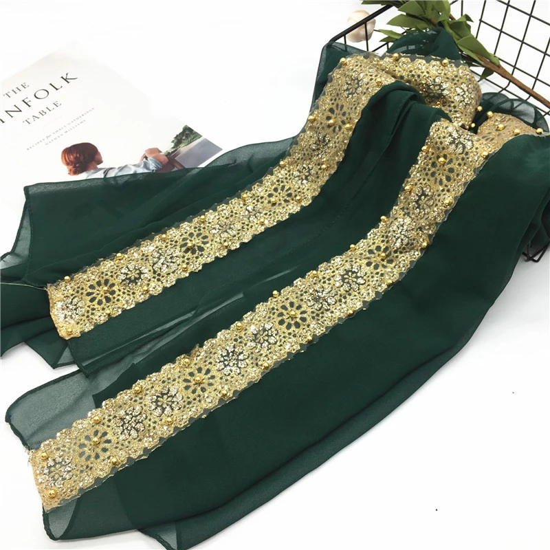 

Exquisite Pearl Sequin Muslim Hijab Turban Solid Color Woman hijab Chiffon Popular Shawls Scarf Headband Free Shipping 9 Colors