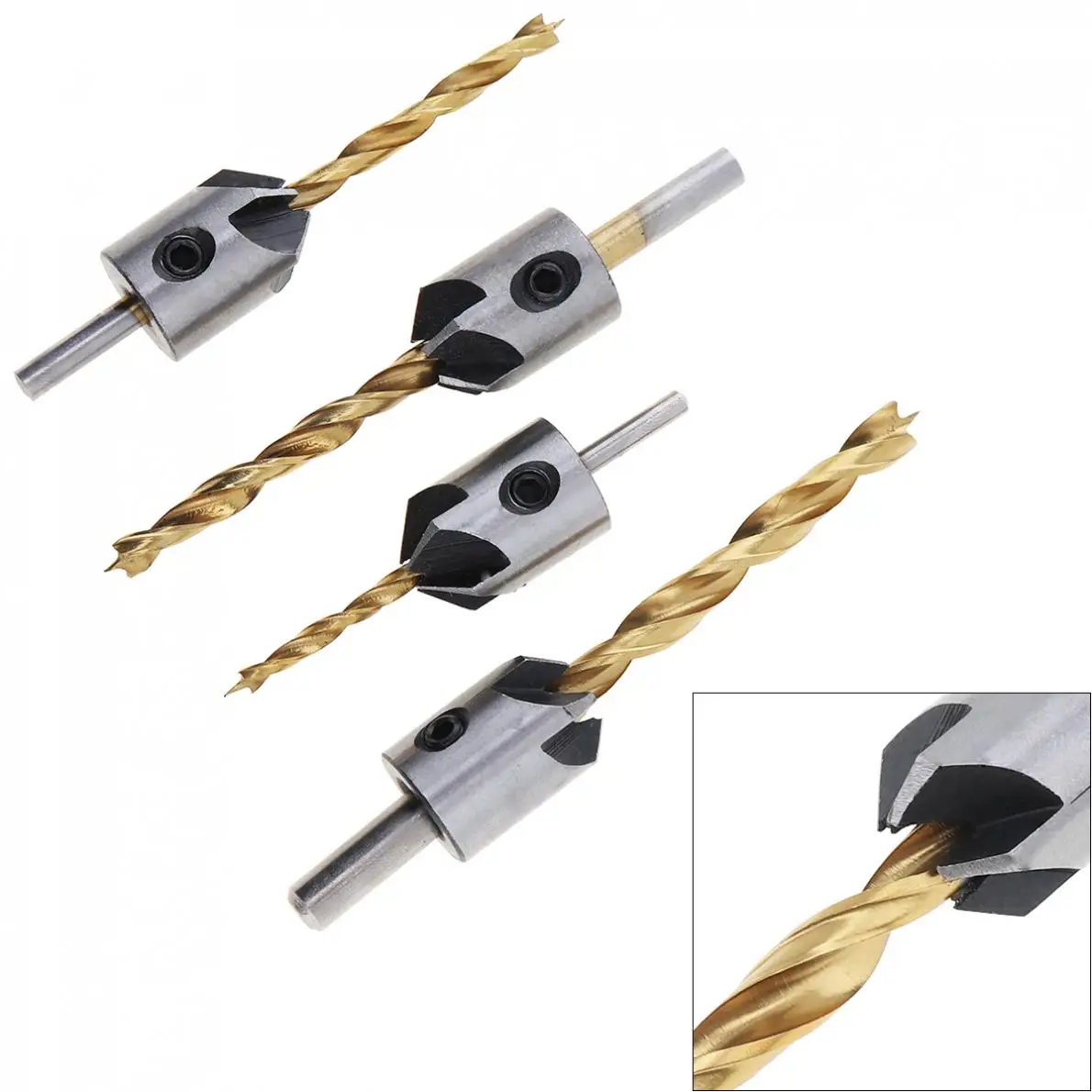 4pcs/lot 3-10mm Round Handle Woodworking Chamfer Drill Bits with 5 Flute and 3 Point Head for Bench Drill / Electric Hand Drill