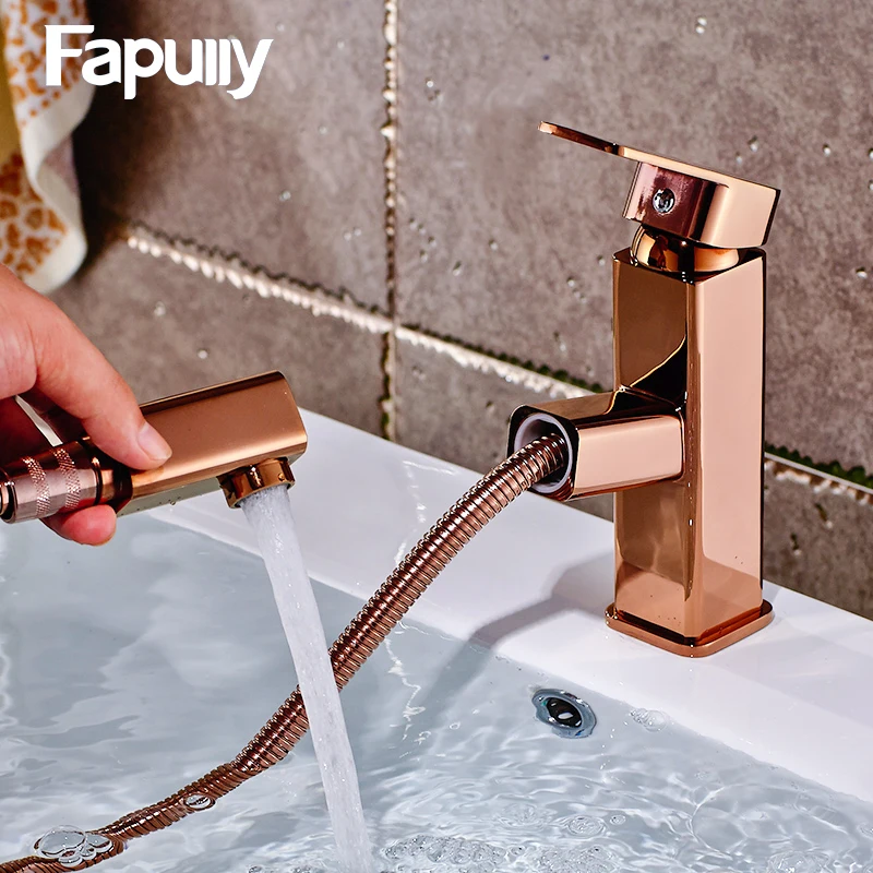 

Pull Out Basin Mixer Tap 360 Degree Rotate Type Basin Faucet Rose Gold Chrome Finish Bathroom Faucets Single Hand Bathroom