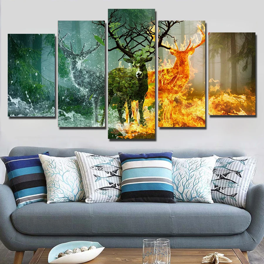 Drop Shipping Hd Printed 5 Piece Canvas Art Deer Canvas Painting Nature Forest Wall Pictures For Living Room Home Decor Painting Calligraphy Aliexpress