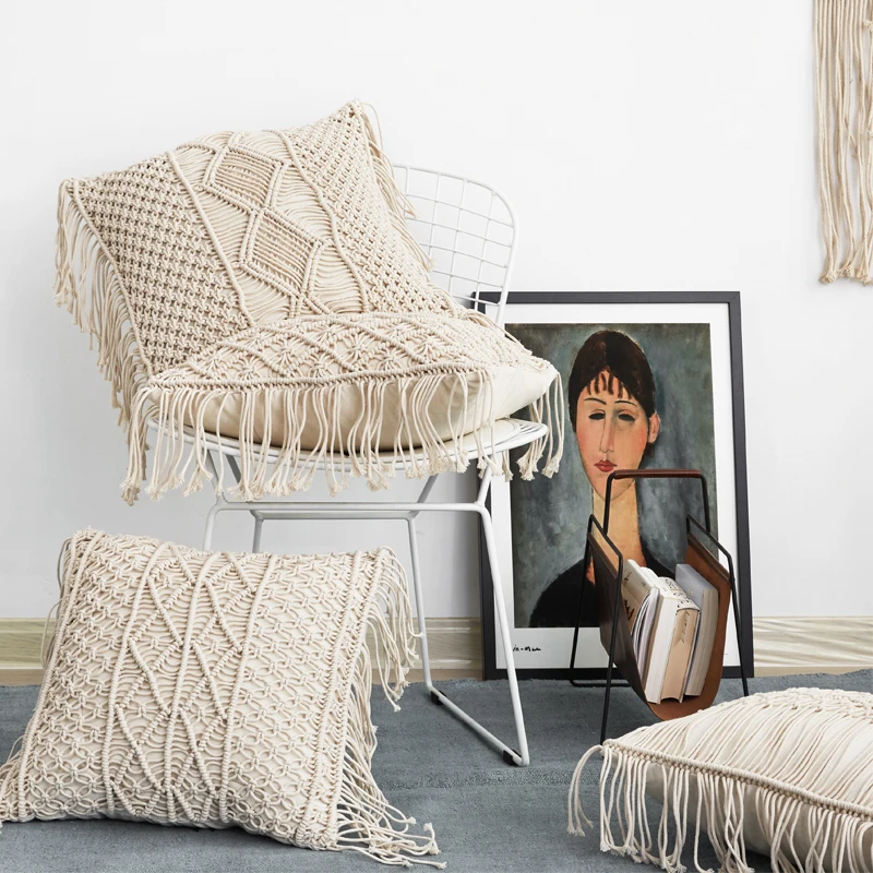 

Macrame Pillow Cover 45cm X 45cm Boho Decor Pillowcase Hand-woven Cotton Linen Home Cojines Decorativos Para Sofa Cushion Cover