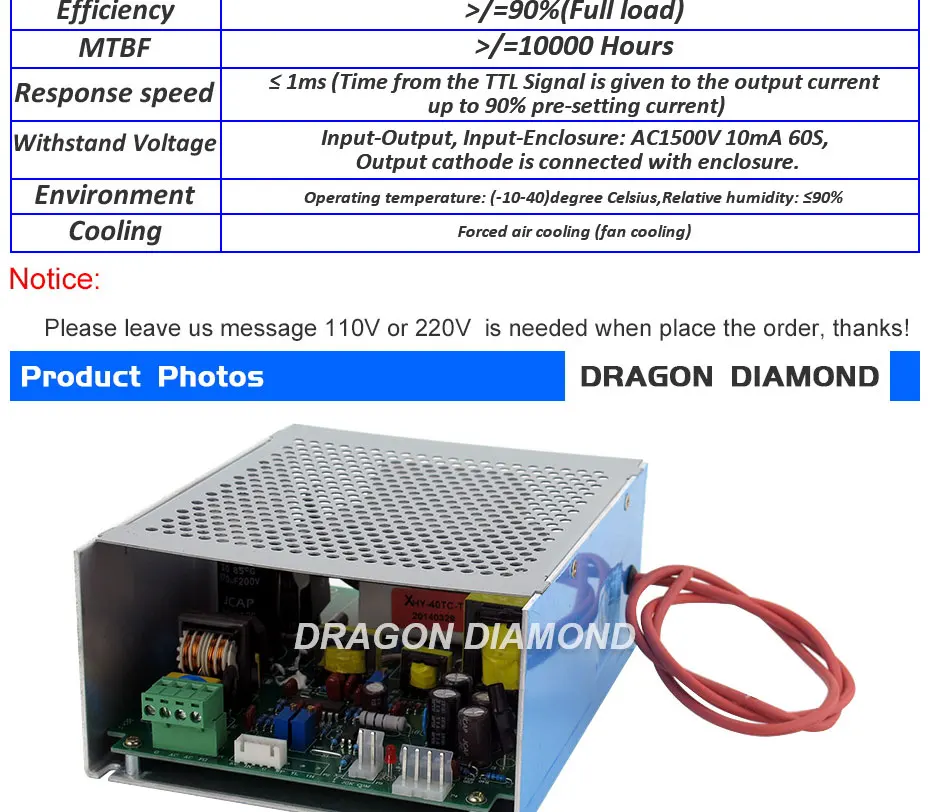 Dragon Diamond Co2 лазерный источник питания 40 Вт ac220в/110 В для Co2 лазерной гравировки и резки MYJG 40 Вт Лазерный источник