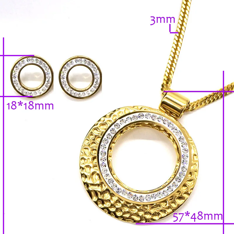 AMUMIU Trendy Jewelry Rhinestone Oval Hollow Round Pendant Gold Color Necklace Earring For Women Wedding Party JS087