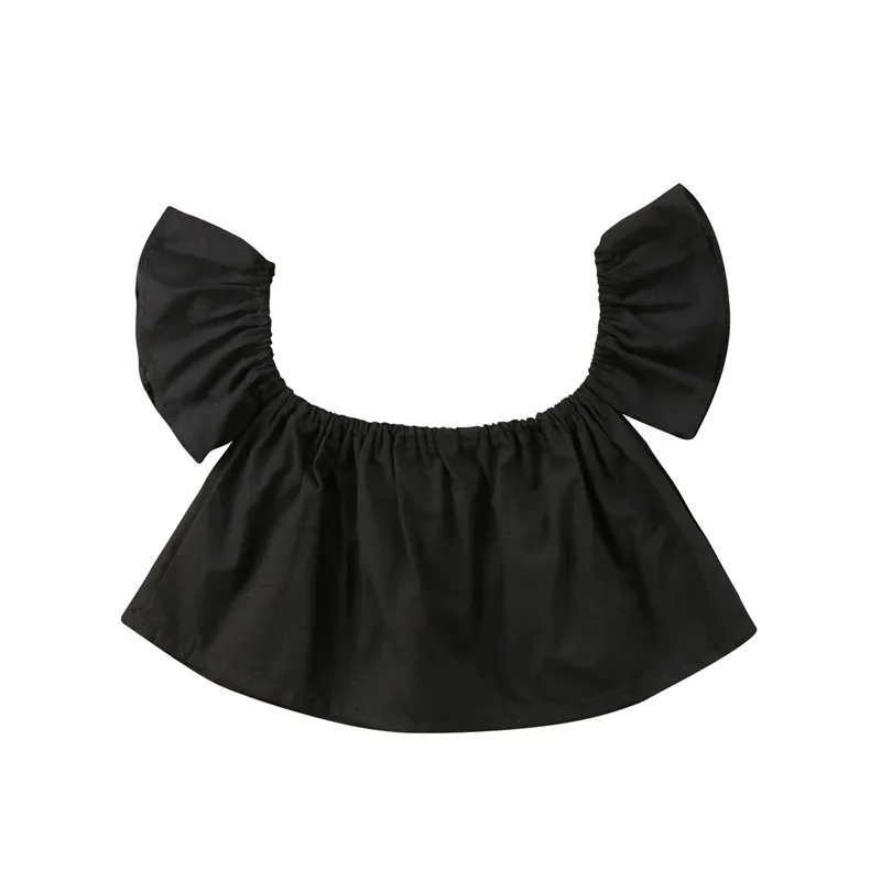 Модная блузка для новорожденных девочек; Летние однотонные топы с короткими рукавами для девочек; Топ принцессы с оборками и открытыми плечами - Цвет: Черный