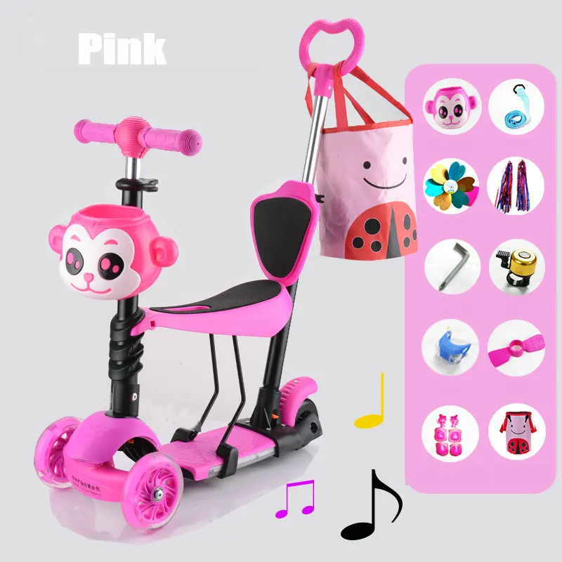 4 в 1 детский скутер с подставкой для ног педали, детский Скут с 3 флэш-колеса, самокат для маленьких детей с Сумка для мамочки - Цвет: pink