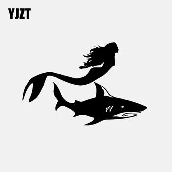 

YJZT 15.8CM*10.5CM Vinyl Decal Car Sticker Mermaid Girl with Shark Fish Sea Ocean Black/Silver C24-0851