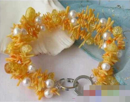

09784 3ROW WHITE RICE PEARL YELLOW CORAL BRANCH bracelet