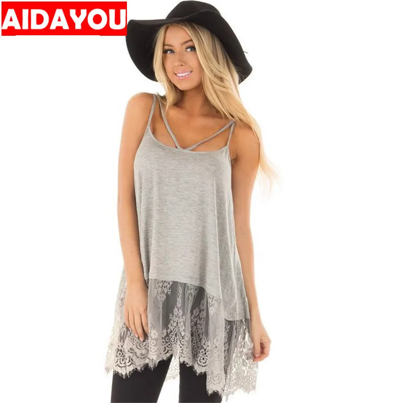 

lace camis 2019 Summer Blouse cool and refreshing gallus for beach grey simple atmosphere sling with white lace OUC2217