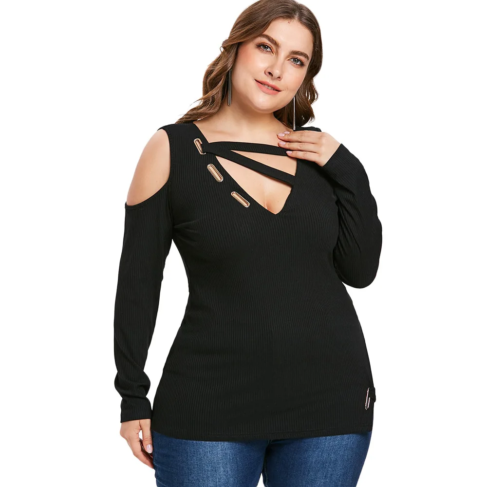 

ROSE GAL Women Sexy Plunging Neck 5XL T-Shirt Cold Shoulder Plus Size Cut Out T Shirt Casual Long Sleeve Fall Tee Top Ladies Top