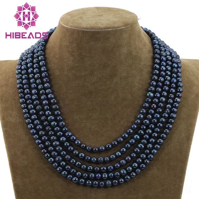 5 Rows Freshwater Black Pearls Necklace Fashion Pearl Strands
