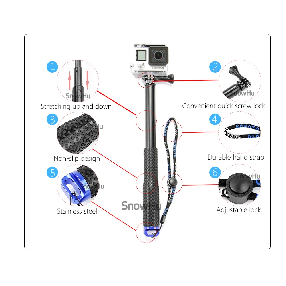 SnowHu Выдвижная ручная палка Телескопический монопод Штатив селфи палка для Gopro Hero 8 7 6 5 4 3+ для xiaomi yi 4K sjcam GP180