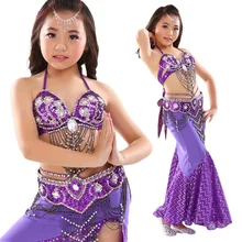 Высший сорт, детская одежда для танца живота, 3 предмета, Восточный Костюм, браллет и юбка на поясе, костюм для танца живота для девочек, профессиональный комплект