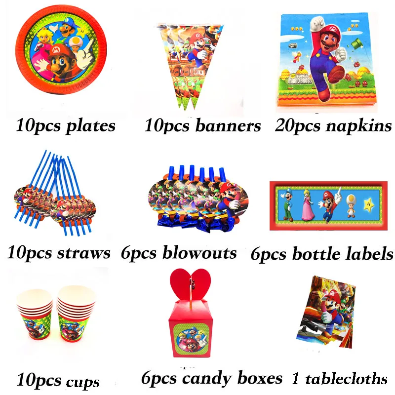 

Mario Bros theme party decorations baby shower party supplies Super Mario theme paper plates cups napkins banners blowouts