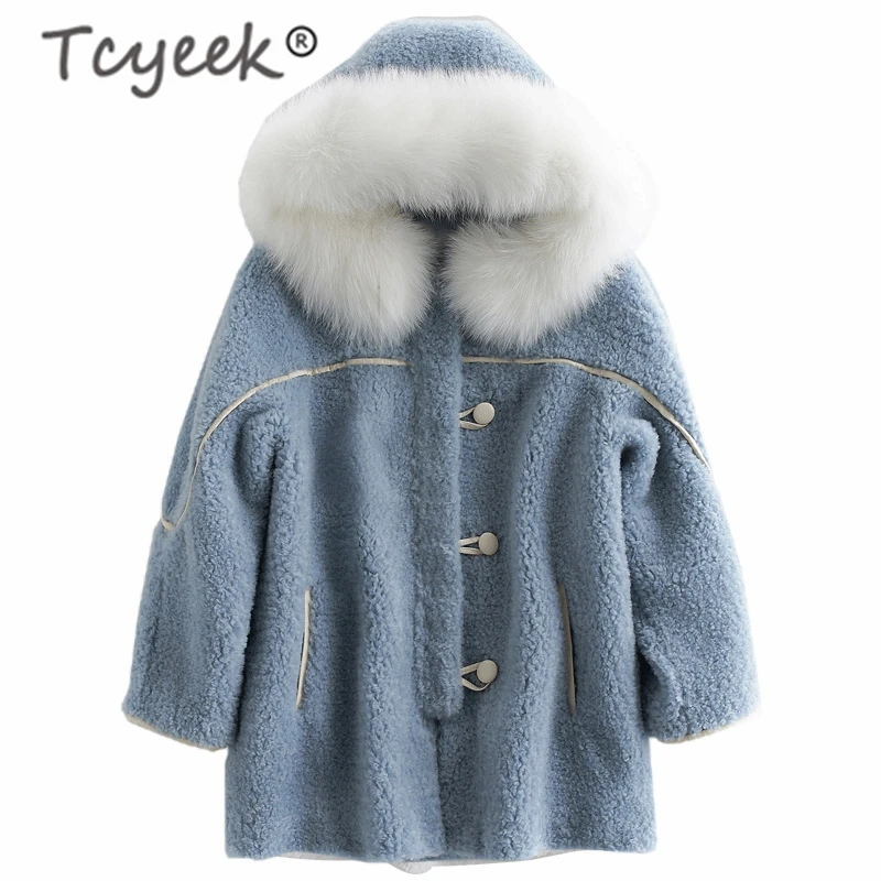 

Tcyeek Real Fur Coat Female Winter Women Clothes 2019 Korean Thick Warm Sheep Shearing Jacket + Large Fox Fur Hooded V18F38720