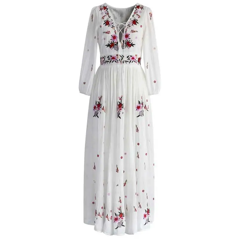 

BOHO INSPIRED women dress floral embroidery V-neck lace up long sleeve white long maxi dresses bohemian chic vestidos 2018