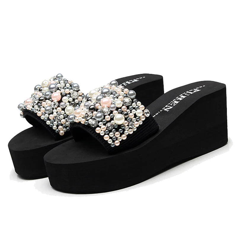 SHUJIN Pearls Slides Women Sandals Heel Slippers Torridity Sandal Shoes Handmade Bohemia Crystal Female Outdoor Shoes Slippers