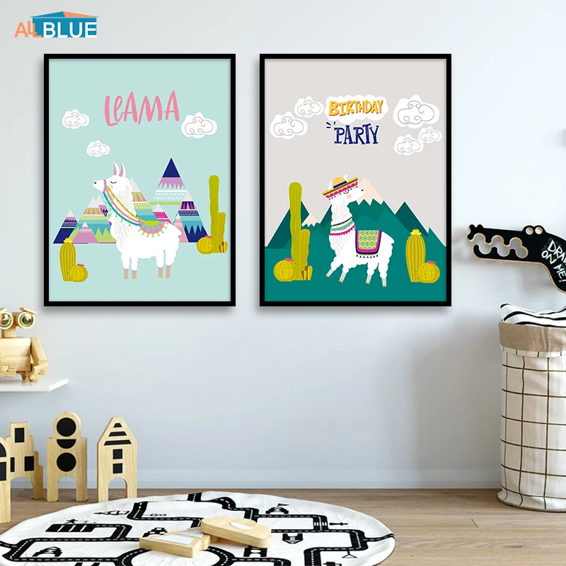 Nordic Lovely Cartoon Animal Alpaca Landscape Posters And Prints Canvas Painting Wall Art Pictures For Kids Room Bedroom Quote | Дом и сад