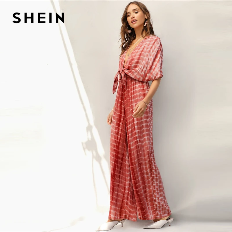 SHEIN Rust Plunging Neck Knot Front Tie Dye Palazzo Jumpsuit Spring Deep V Neck Solid High Waist Maxi Wide Leg Jumpsuits