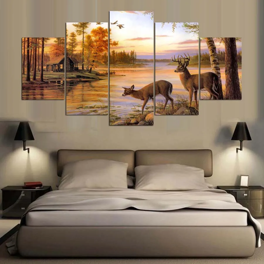 5 Pieces Canvas Paintings deer beside the lake autumn landscape pictures home decor framed wall art WD-1140 | Дом и сад