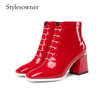 

Stylesowner New Desire Popular in 2018 Red and Black Patent Leather Short Boots High Heels 7cm Thick Heels Fashion Elegant Boots