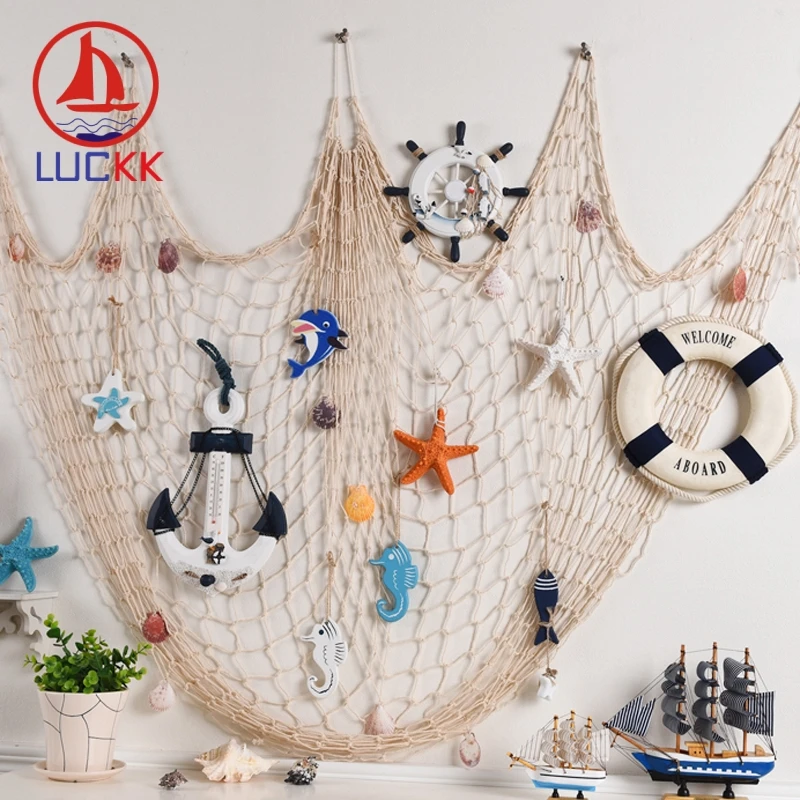 

LUCKK 150*200CM Fish Net For Home Decor Nautical Ornaments Wall Hanging Shell Mediterranean Style Ocean Prop Party Wall Stickers