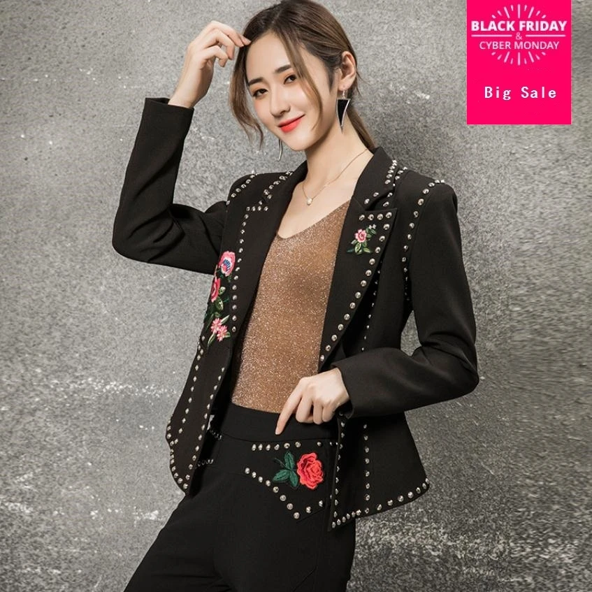 

European Grand 2019 fashion brand Korean embroidery flowers Slim blazer suit women simple and stylish rivet beading Blazer wq220