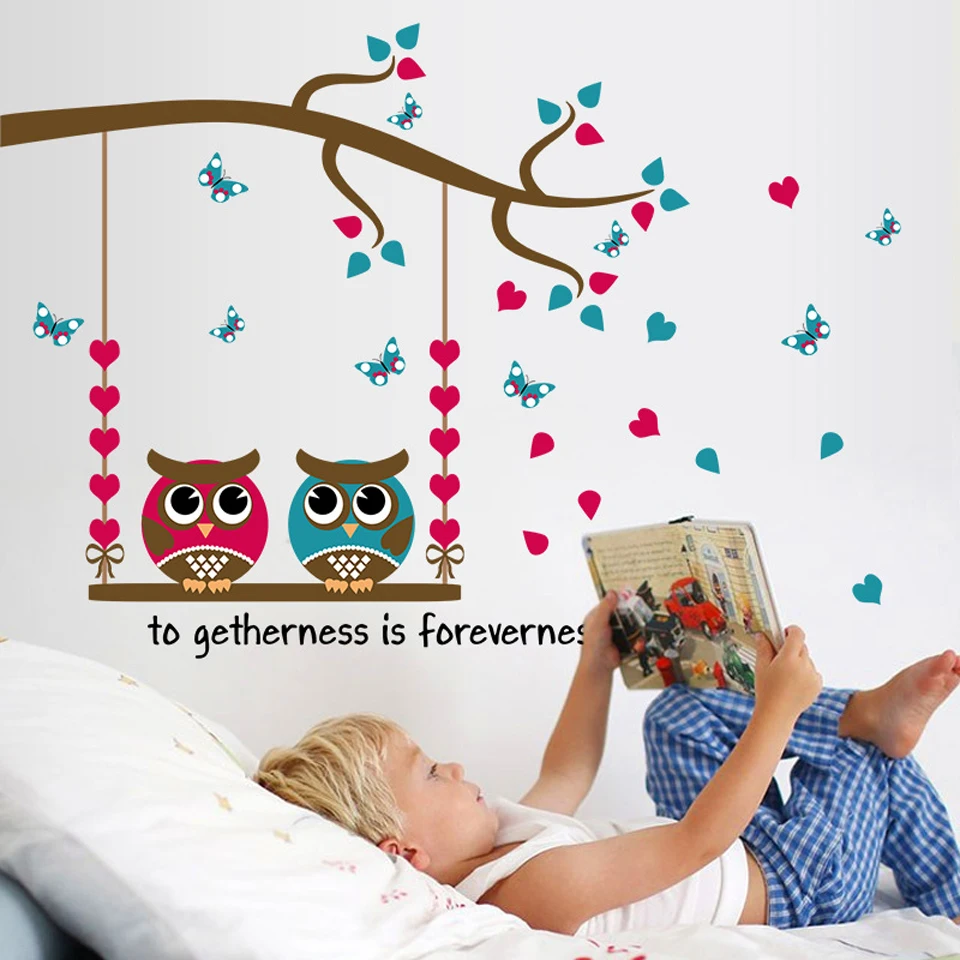 Милые наклейки на стену с изображением совы для детской комнаты, комнаты для девочек, украшения для спальни, дерево, цветы, наклейки на стену, украшение детской комнаты