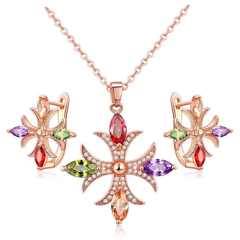 

Fashion Europe and America Zircon Necklace Earrings Set Colorful Zircon Rose Gold Cross Jewelry Set