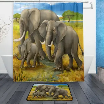 

African Elephant Family Nature Scene Waterproof Polyester Fabric Shower Curtain with Hooks Doormat Bath Floor Mat Bathroom
