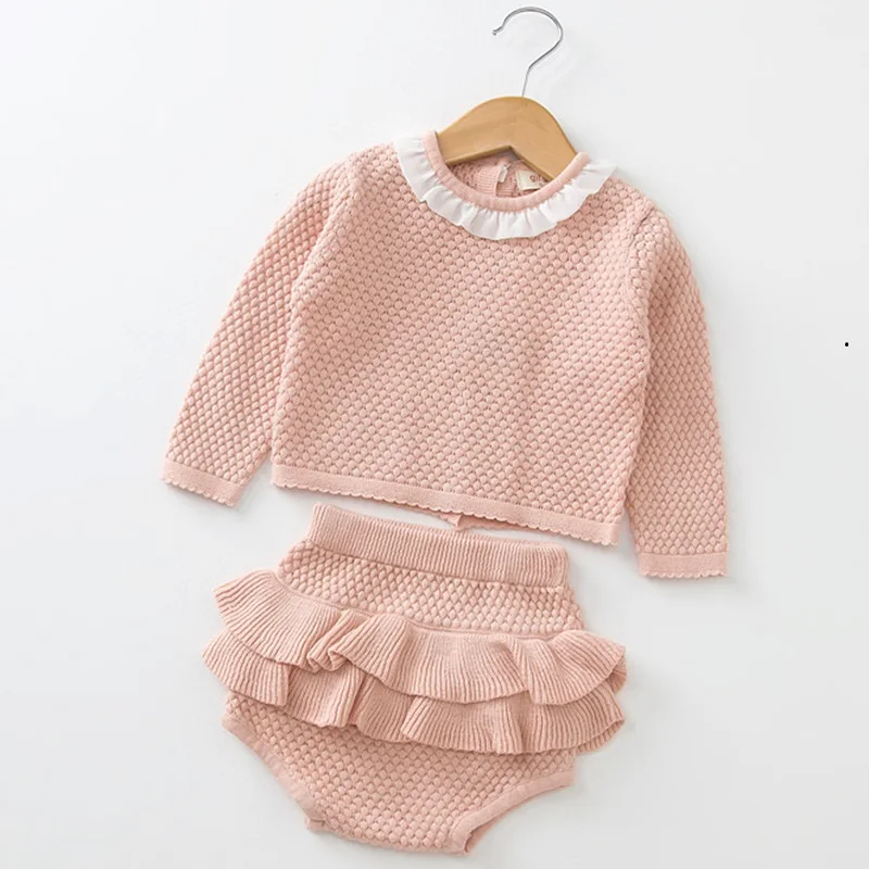 Baby knitting Clothing Sets Two Girls Suit Knit 0-2 Year Cotton Baby Long Sleeve Blouse+ Lotus Leaf Shorts Baby Clothing Set - Цвет: B83S04 Pink