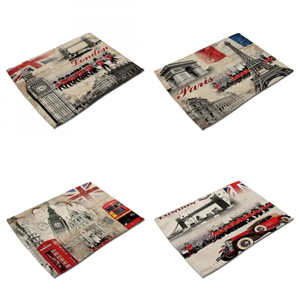 

European Paris Print Placemat Cotton Fabric Dining Table Mats Disc Pads Bowl Pad Coasters Table Cloth Pads Slip-Resistant Pads