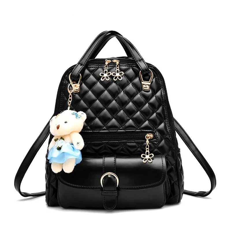 

Fashion Designer Plaid Bear Free Pendant Women Backpack PU Leather Shoulder Bags Purse Teenage Girls School Bag Backpack Female