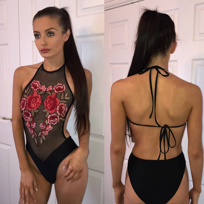 New Embroidery Swimwear Female Rose Floral One Piece Swimsuit Nude Bathing Suit Women High Cut Mesh Swim Backless Monokini | Спорт и