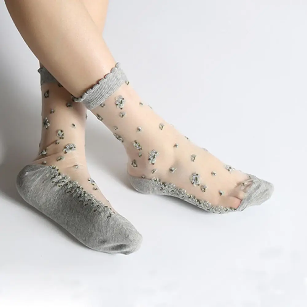 Fashion Elastic Socks Crystal Glass Silk Ultrathin Lace Literary Sale 1 Pair Summer Transparent Jacquard Short Socks