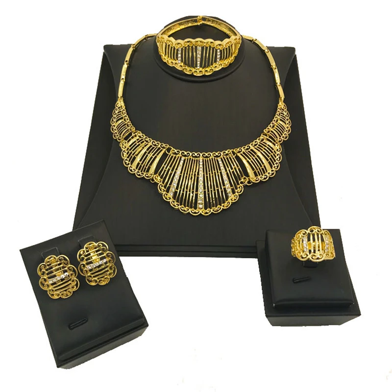 

Liffly Dubai Gold Women Jewelry Sets Luxury Crystal Wedding &Engagement Jewelry Hollow Necklace Fashion Accessories