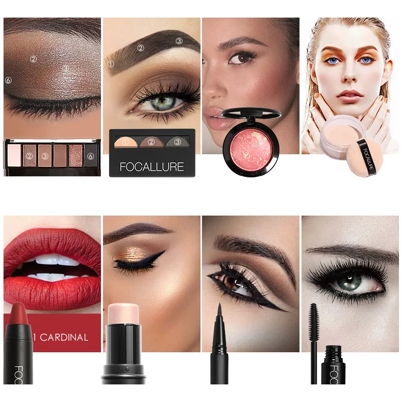 Kopen FOCALLURE 8 PCS Makup Tool Kit Moet Hebben Cosmetica Inclusief Glitter Oogschaduw Matte Lippenstift Blush Mascara Met Make Up Tas