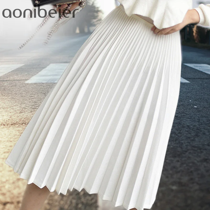 

Aonibeier Women Narrow Elastic Waist Skirts High Waist Pleated Skirts Big Swing Female Casual Black White Midi Skirt 65cm Long