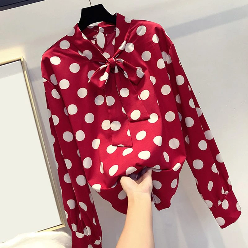 black and white polka dot blouse with bow