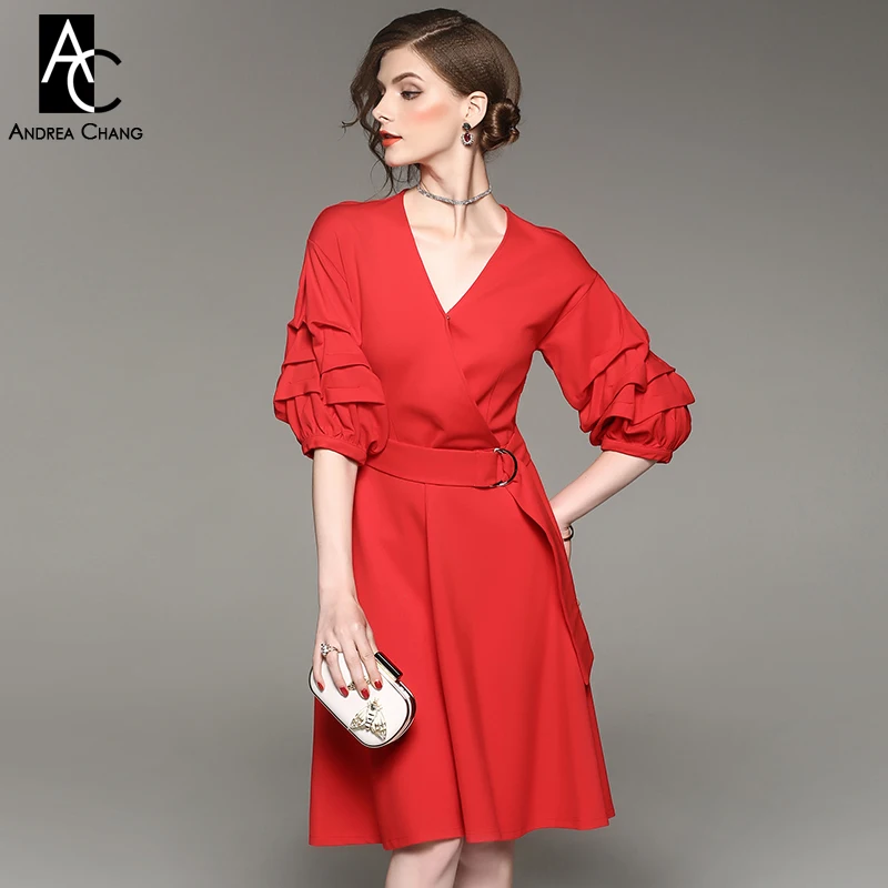 spring autumn woman dress v neck lantern sleeve knee length red dress