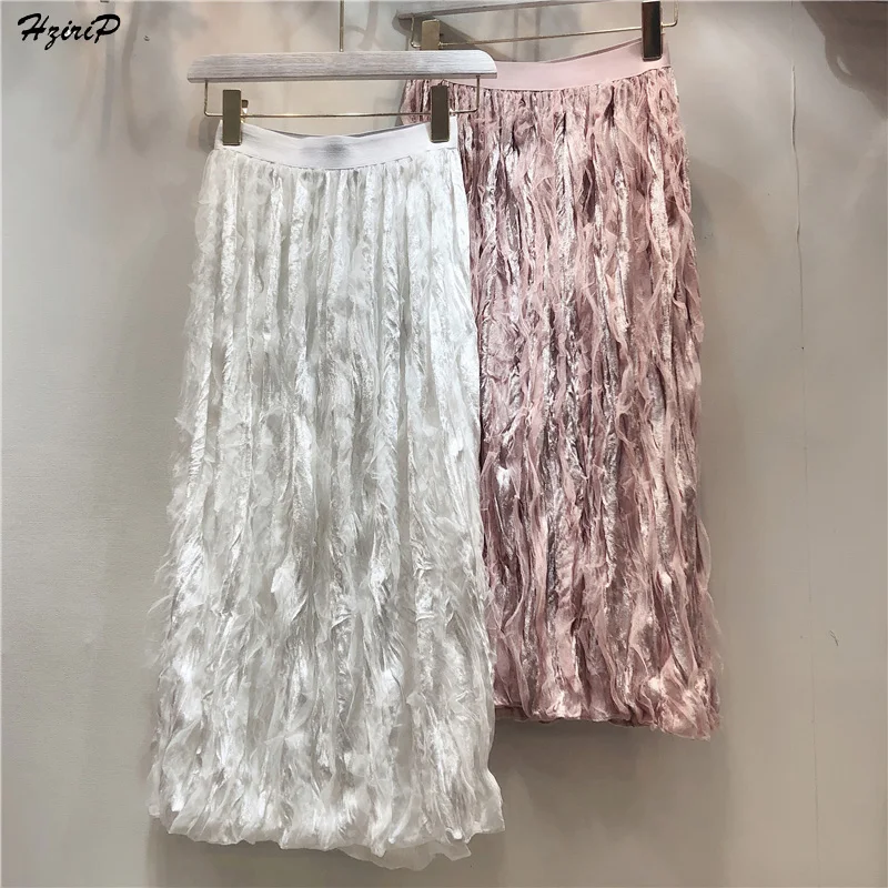 

HziriP 2019 New Spring Winter Skirts High Waist Mesh Stitching Velvet Pleated Skirt Women Solid Vintage Skirts Faldas Mujer Moda