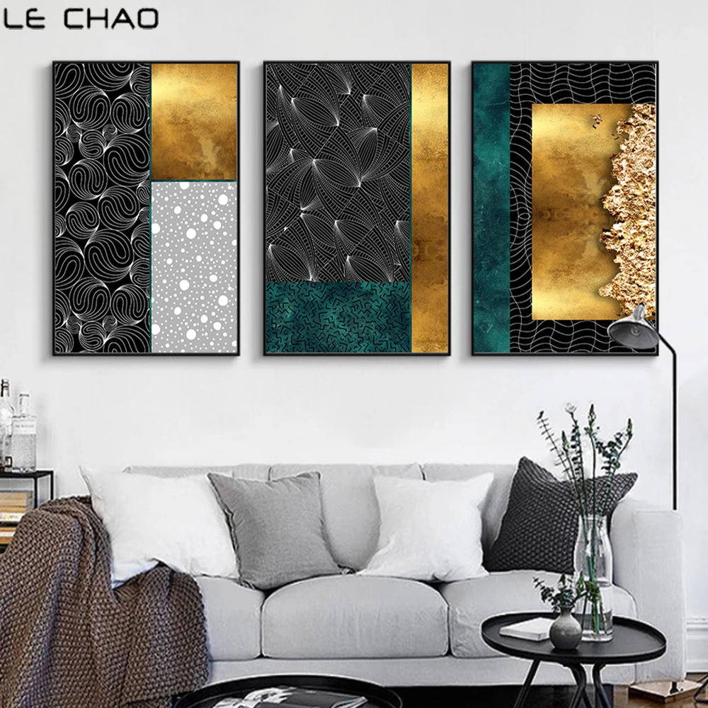 

LECHAO Modern Simple Poster and Prints Golden Color Nordic Wall Art Decor for Home Abstract Geometric Painting Unframed
